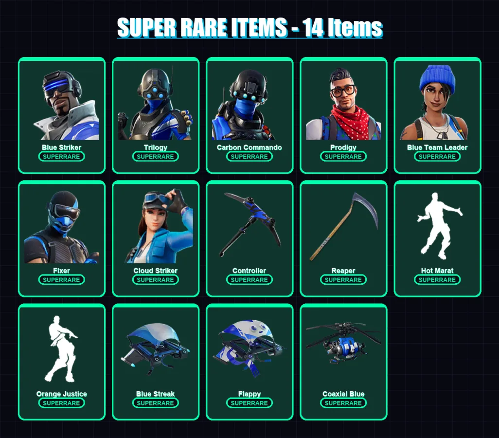 [PC/XBOX] | Blue Striker | Trilogy | Carbon Commando | Prodigy | Blue Team Leader | 116 skin | 127 pickaxe | 122 emote | 137 glider | Lv1918