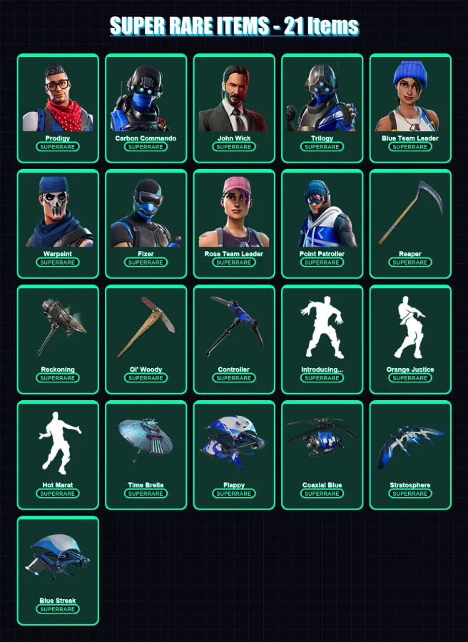 [PS4/PS5/XBOX/PC] | Prodigy | Carbon Commando | John Wick | Trilogy | Blue Team Leader | 136 skin | 117 pickaxe | 154 emote | 101 glider | Lv1489