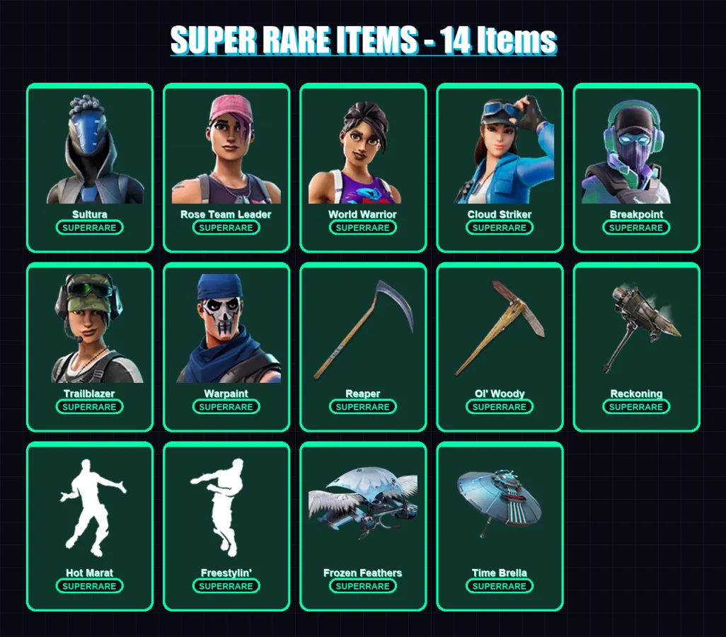 [PS4/PS5/XBOX/PC] | Sultura | Rose Team Leader | World Warrior | Cloud Striker | Breakpoint | 77 skin | 109 pickaxe | 103 emote | 82 glider | Lv1163