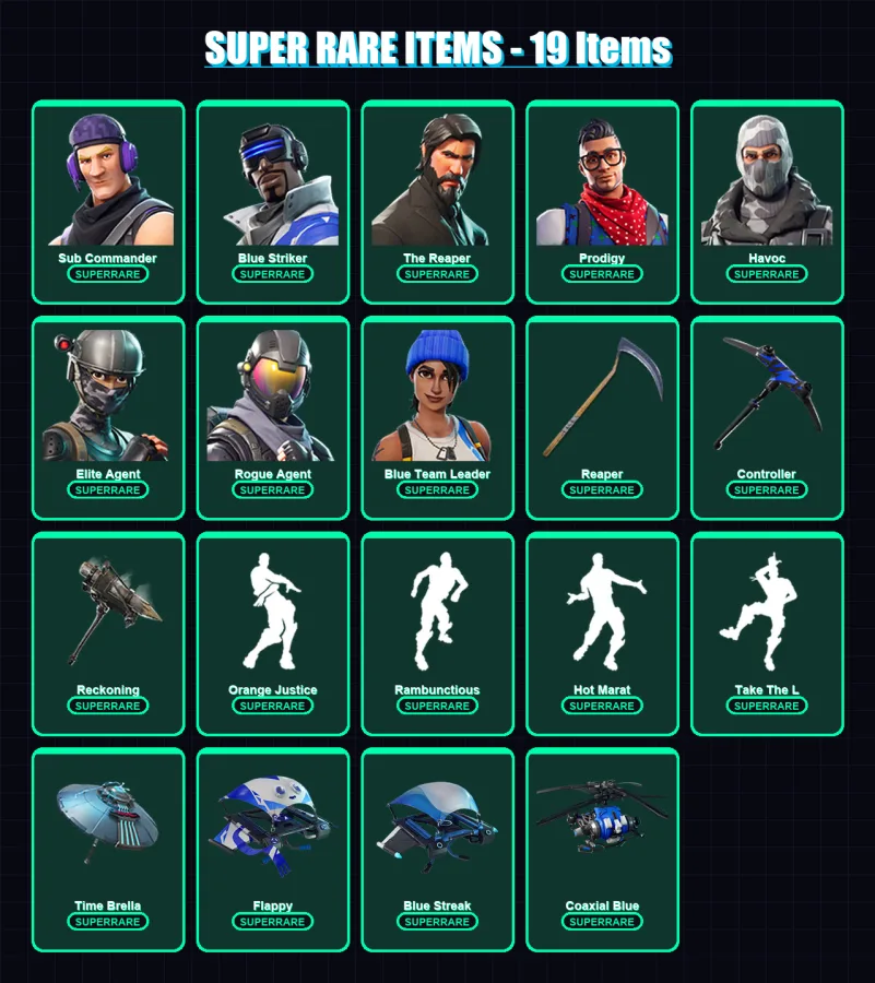 [PS4/PS5/XBOX/PC] | Sub Commander | Blue Striker | The Reaper | Prodigy | Havoc | 113 skin | 77 pickaxe | 109 emote | 95 glider | Lv1049