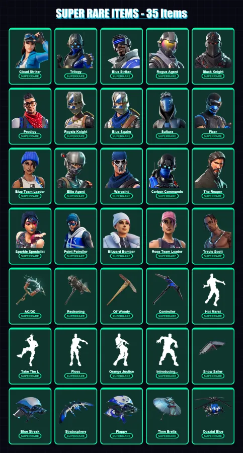[PS4/PS5/XBOX/PC] | Cloud Striker | Trilogy | Blue Striker | Rogue Agent | Black Knight | 101 skin | 92 pickaxe | 97 emote | 97 glider | Lv1469