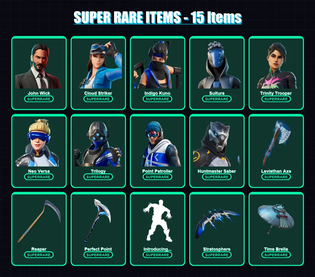 [PC] | John Wick | Cloud Striker | Indigo Kuno | Sultura | Trinity Trooper | 280 skin | 263 pickaxe | 187 emote | 189 glider | Lv3520
