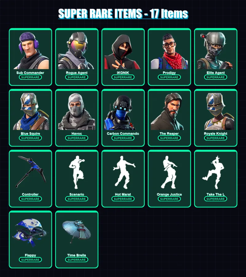 [PC/XBOX] | Sub Commander | Rogue Agent | IKONIK | Prodigy | Elite Agent | 114 skin | 103 pickaxe | 109 emote | 118 glider | Lv1813