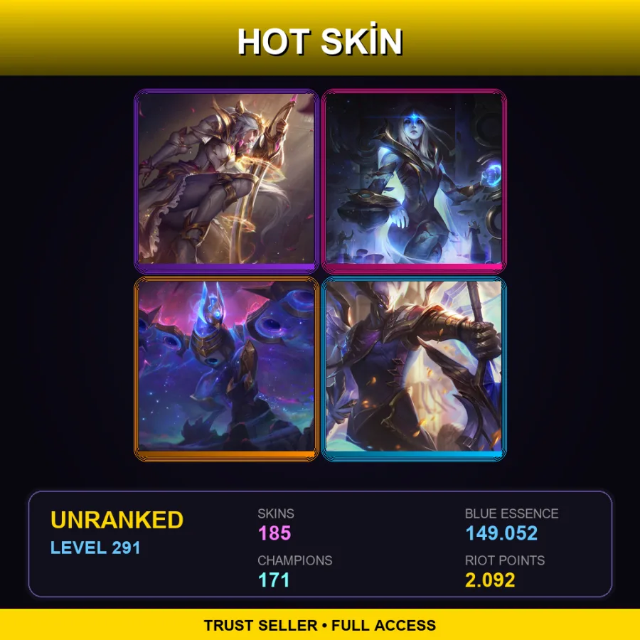 EUW | Lv291 | Unranked | 185 Skin | 171 Champ — LoL account