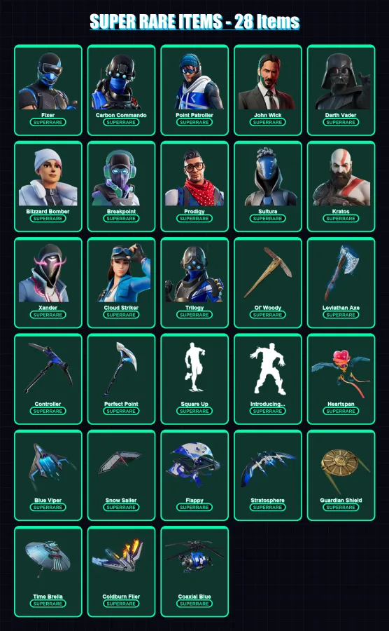 [PS4/PS5/XBOX/PC] | Fixer | Carbon Commando | Point Patroller | John Wick | Darth Vader | 543 skin | 520 pickaxe | 340 emote | 330 glider | Lv4067