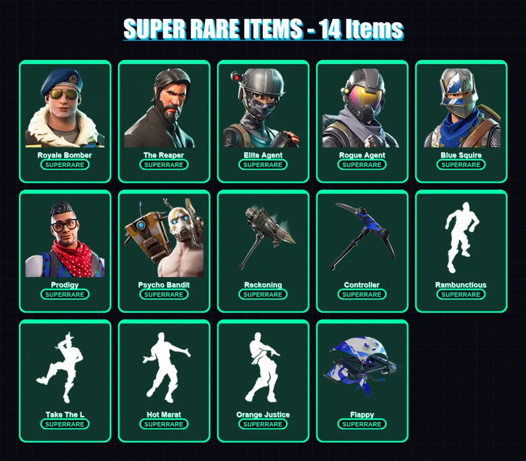 [PS4/PS5/XBOX/PC] | Royale Bomber | The Reaper | Elite Agent | Rogue Agent | Blue Squire | 123 skin | 64 pickaxe | 98 emote | 63 glider | Lv908