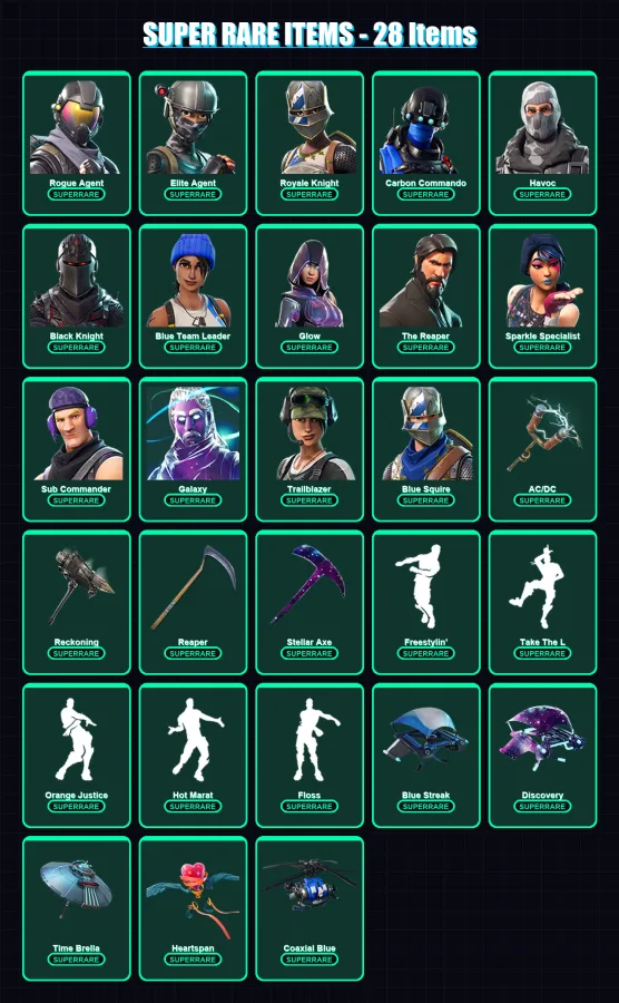 [PC/XBOX] | Rogue Agent | Elite Agent | Royale Knight | Carbon Commando | Havoc | 137 skin | 97 pickaxe | 107 emote | 100 glider | Lv1634