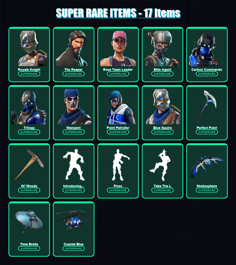[PC/PSN] | Royale Knight | The Reaper | Rose Team Leader | Elite Agent | Carbon Commando | 51 skin | 38 pickaxe | 56 emote | 49 glider | Lv524
