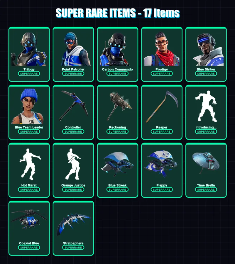 [PC/XBOX] | Trilogy | Point Patroller | Carbon Commando | Prodigy | Blue Striker | 118 skin | 110 pickaxe | 111 emote | 92 glider | Lv1472
