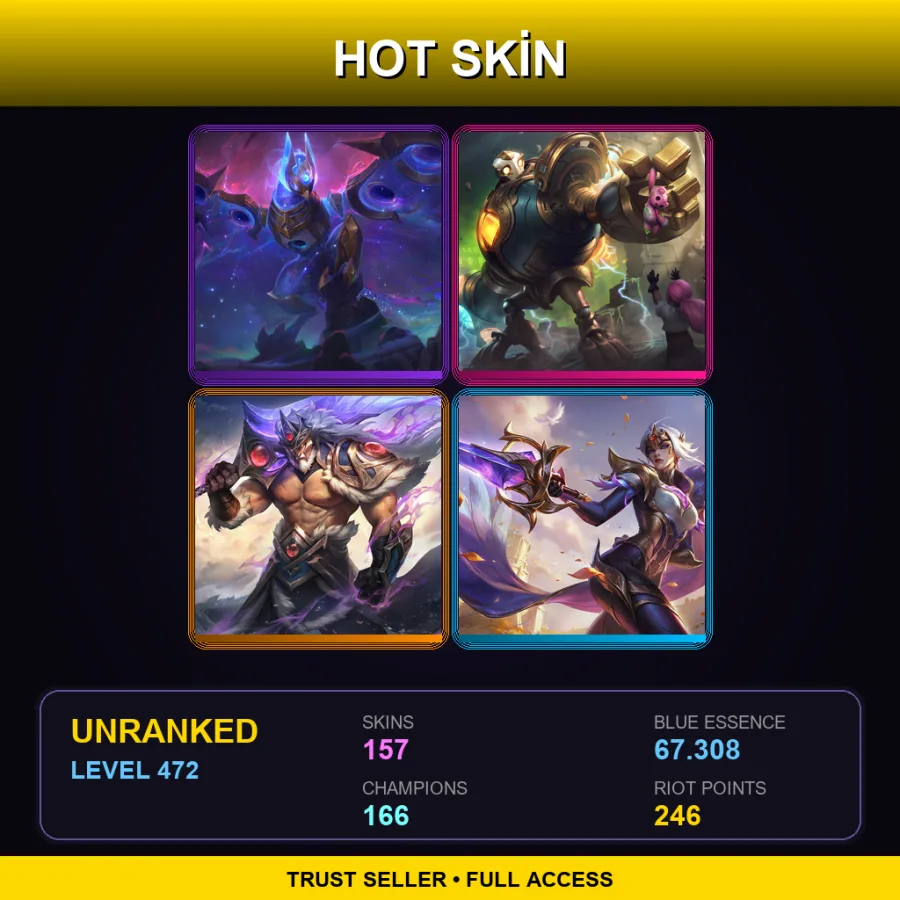 EUW | Lv472 | Unranked | 157 Skin | 166 Champ — LoL account