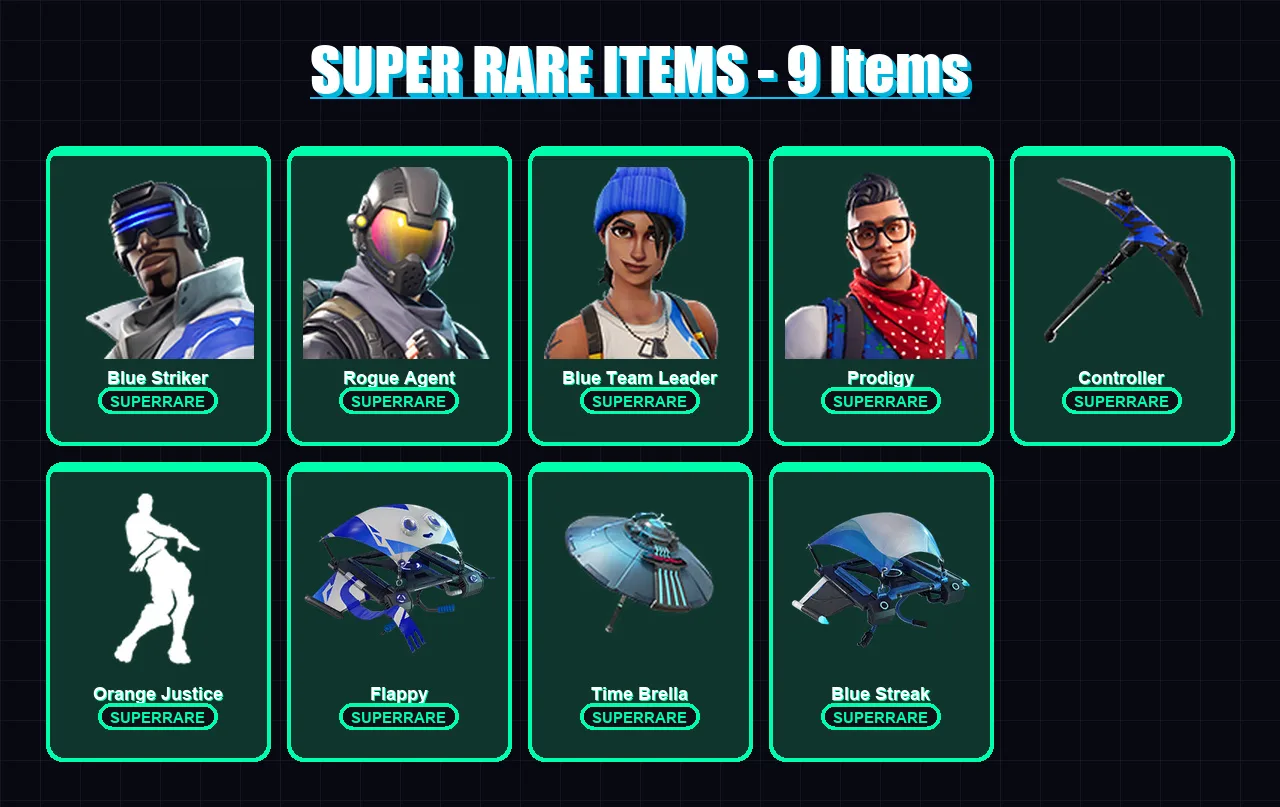 [PS4/PS5/XBOX/PC] | Blue Striker | Rogue Agent | Blue Team Leader | Prodigy | Fade | 58 skin | 47 pickaxe | 59 emote | 60 glider | Lv935