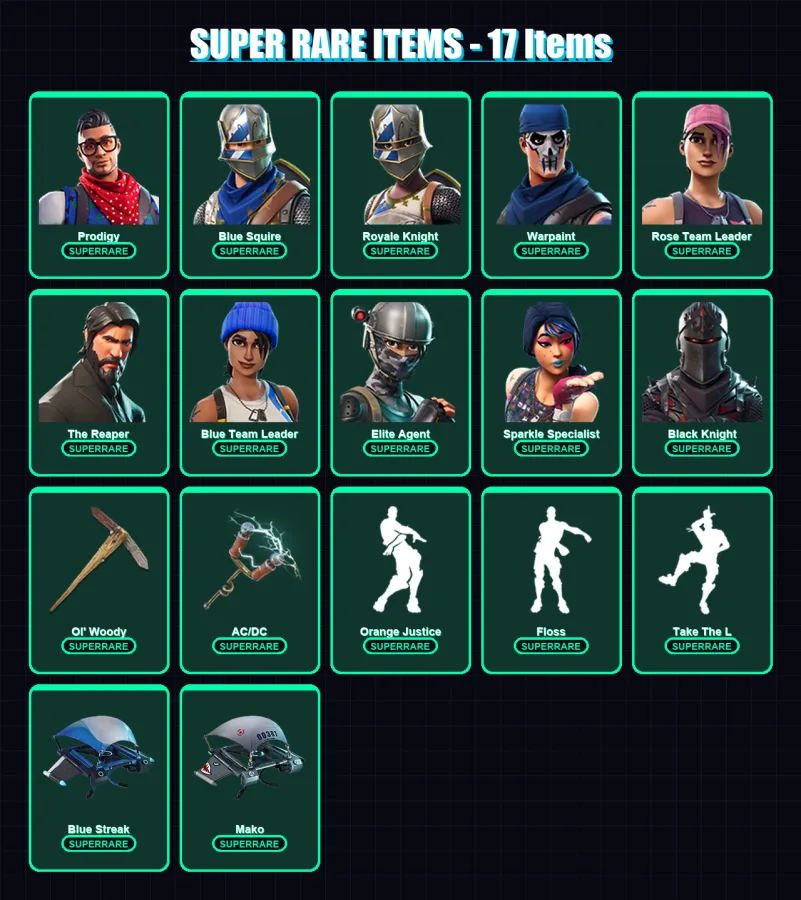 [PC/XBOX] | Prodigy | Blue Squire | Royale Knight | Warpaint | Rose Team Leader | 17 skin | 18 pickaxe | 19 emote | 18 glider | Lv225