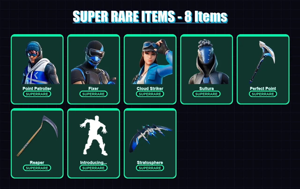 [PS4/PS5/XBOX/PC] | Point Patroller | Fixer | Cloud Striker | Sultura | Kymera | 62 skin | 68 pickaxe | 56 emote | 60 glider | Lv969