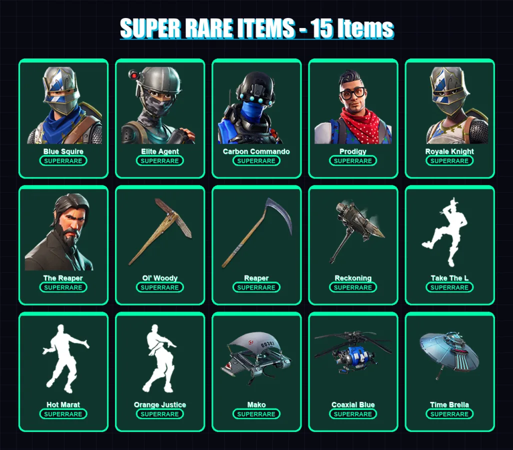 [PS4/PS5/XBOX/PC] | Blue Squire | Elite Agent | Carbon Commando | Prodigy | Royale Knight | 93 skin | 118 pickaxe | 105 emote | 115 glider | Lv1611