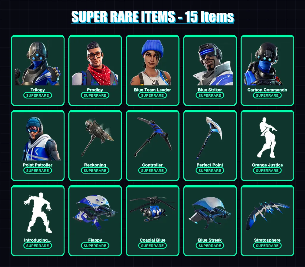 [PS4/PS5/XBOX/PC] | Trilogy | Prodigy | Blue Team Leader | Blue Striker | Carbon Commando | 16 skin | 16 pickaxe | 22 emote | 22 glider | Lv283