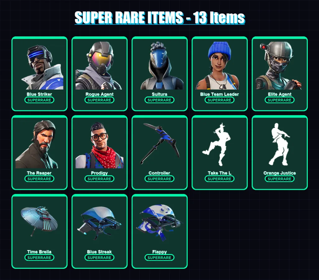 [PS4/PS5/XBOX/PC] | Blue Striker | Rogue Agent | Sultura | Blue Team Leader | Elite Agent | 51 skin | 91 pickaxe | 73 emote | 84 glider | Lv1262