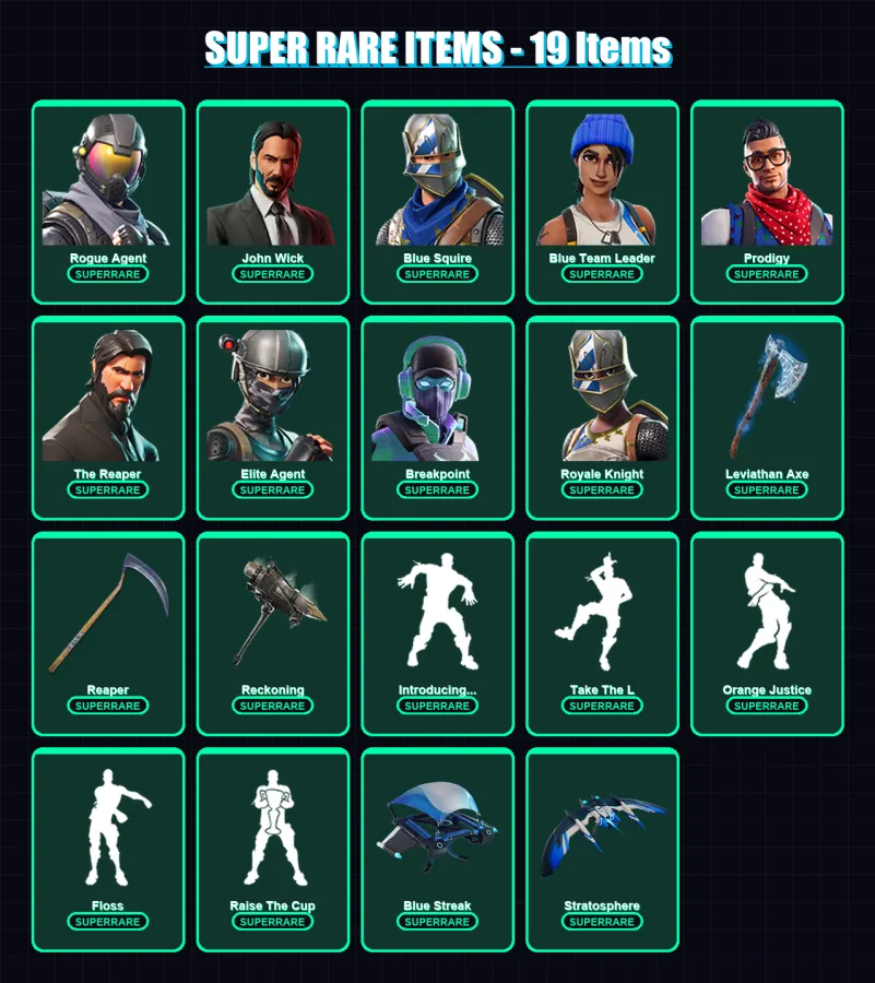 [PS4/PS5/XBOX/PC] | Rogue Agent | John Wick | Blue Squire | Blue Team Leader | Prodigy | 168 skin | 135 pickaxe | 172 emote | 132 glider | Lv2092