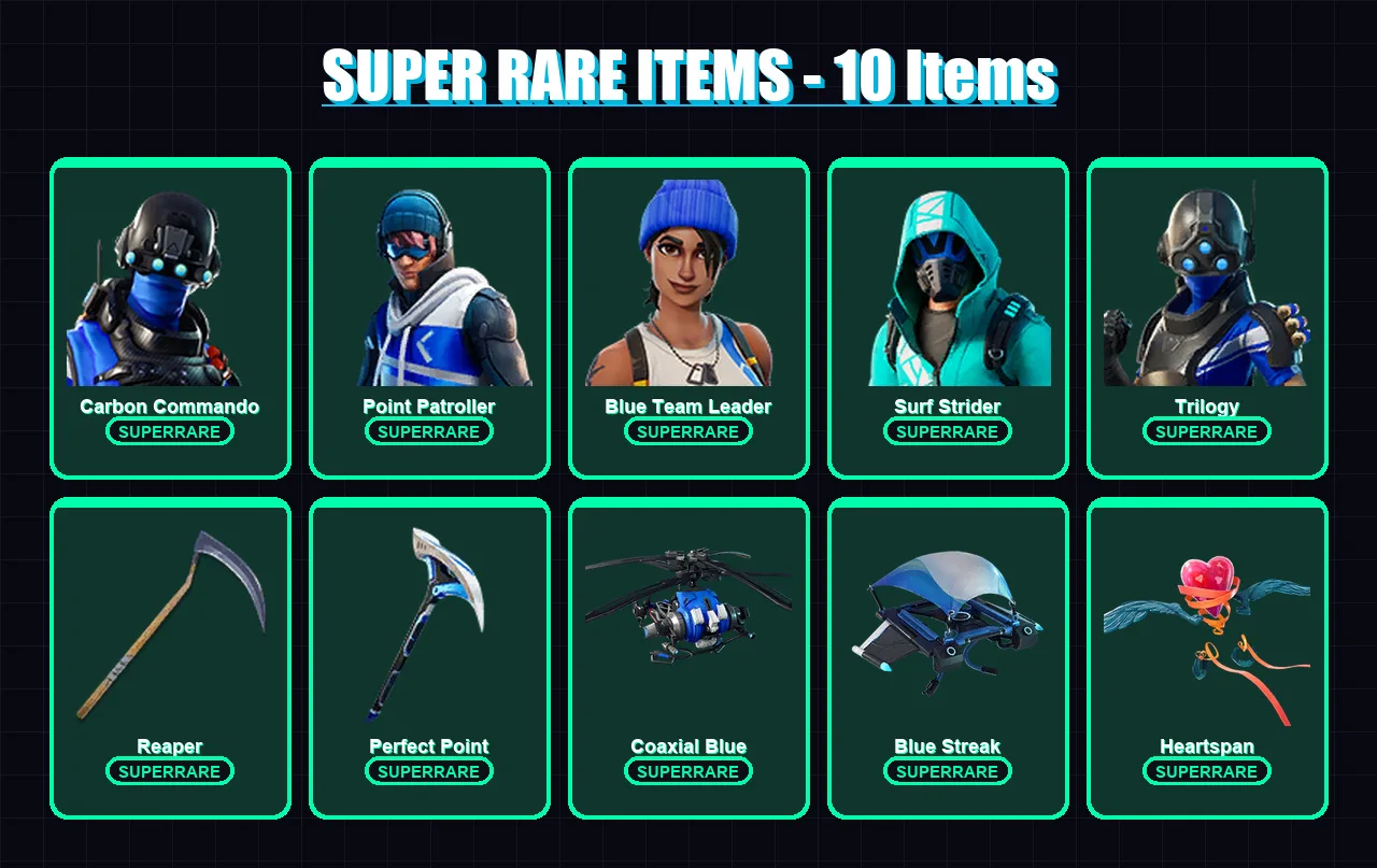[PC/XBOX] | Carbon Commando | Point Patroller | Blue Team Leader | Surf Strider | Trilogy | 118 skin | 123 pickaxe | 75 emote | 96 glider | Lv1604