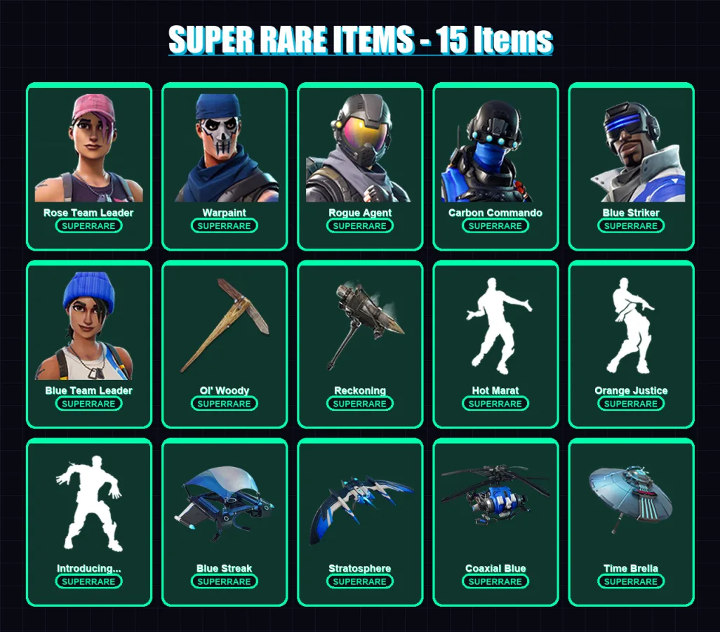 [PC/XBOX] | Rose Team Leader | Warpaint | Rogue Agent | Carbon Commando | Blue Striker | 121 skin | 135 pickaxe | 128 emote | 120 glider | Lv1533