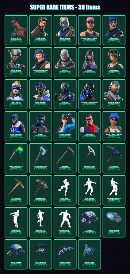 [PC/XBOX/PSN] | Travis Scott | The Reaper | Blue Squire | Rose Team Leader | Warpaint | 256 skin | 242 pickaxe | 224 emote | 205 glider | Lv2344