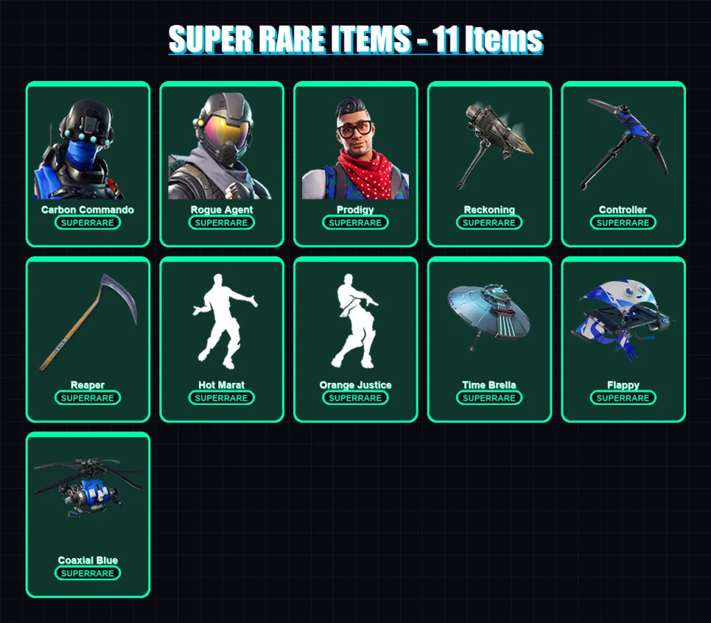 [PC] | Carbon Commando | Rogue Agent | Prodigy | Raven | Calamity | 75 skin | 105 pickaxe | 103 emote | 108 glider | Lv1986