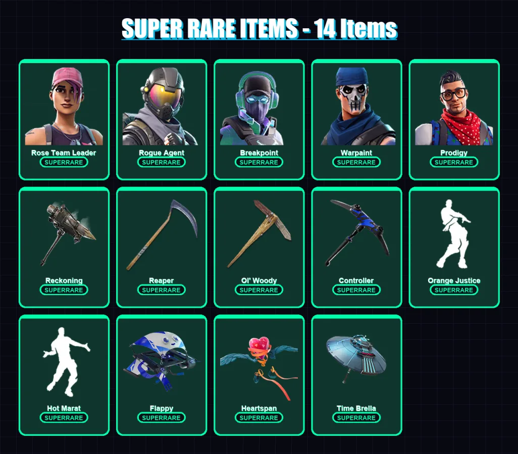 [PS4/PS5/PC] | Rose Team Leader | Rogue Agent | Breakpoint | Warpaint | Prodigy | 181 skin | 161 pickaxe | 156 emote | 131 glider | Lv1687