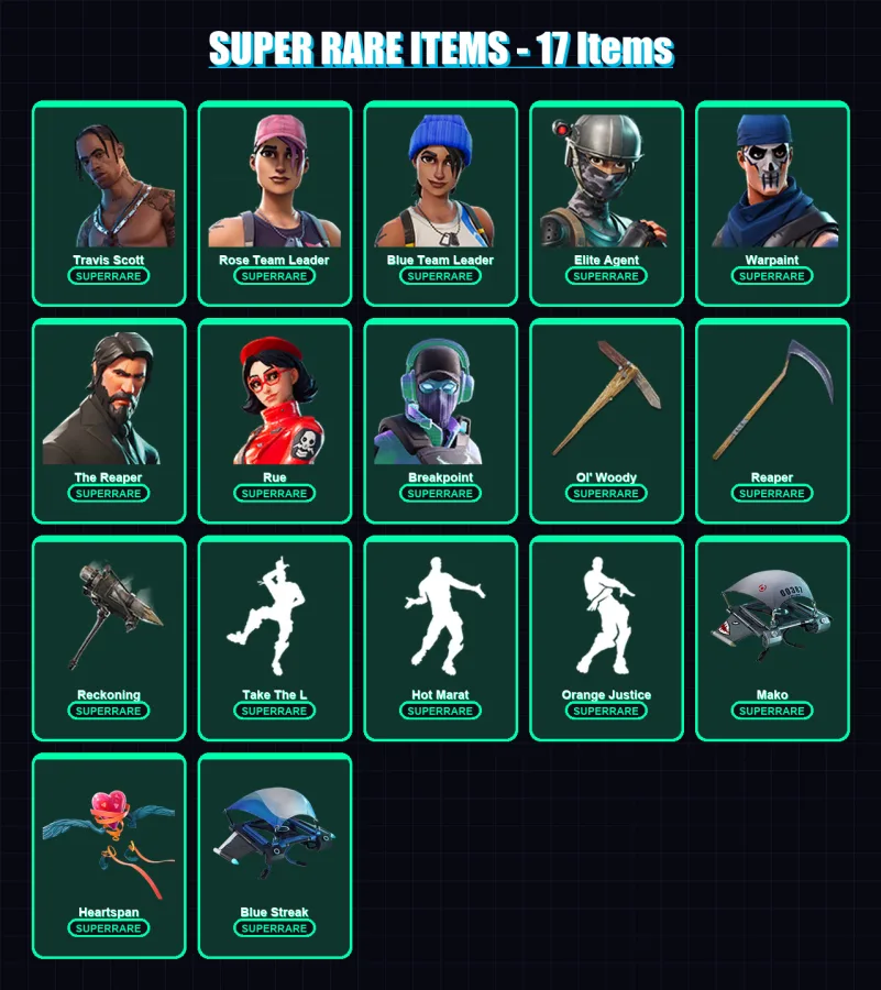[PC/XBOX/PSN] | Travis Scott | Rose Team Leader | Blue Team Leader | Elite Agent | Warpaint | 161 skin | 111 pickaxe | 145 emote | 98 glider | Lv187