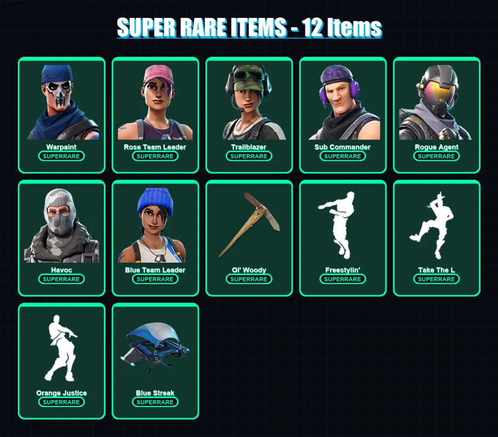 [PC/XBOX/PSN] | Warpaint | Rose Team Leader | Trailblazer | Sub Commander | Rogue Agent | 12 skin | 9 pickaxe | 6 emote | 12 glider | Lv38