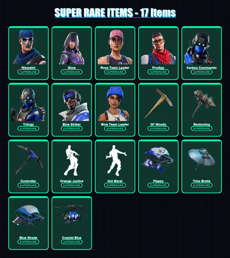 [PC/XBOX/PSN] | Warpaint | Glow | Rose Team Leader | Prodigy | Carbon Commando | 110 skin | 116 pickaxe | 124 emote | 116 glider | Lv1680