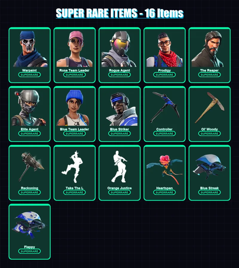 [PS4/PS5/XBOX/PC] | Warpaint | Rose Team Leader | Rogue Agent | Prodigy | The Reaper | 41 skin | 32 pickaxe | 38 emote | 40 glider | Lv478
