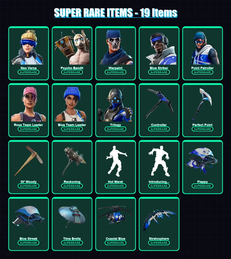 [PC/PSN] | Neo Versa | Psycho Bandit | Warpaint | Blue Striker | Point Patroller | 95 skin | 110 pickaxe | 116 emote | 98 glider | Lv1563