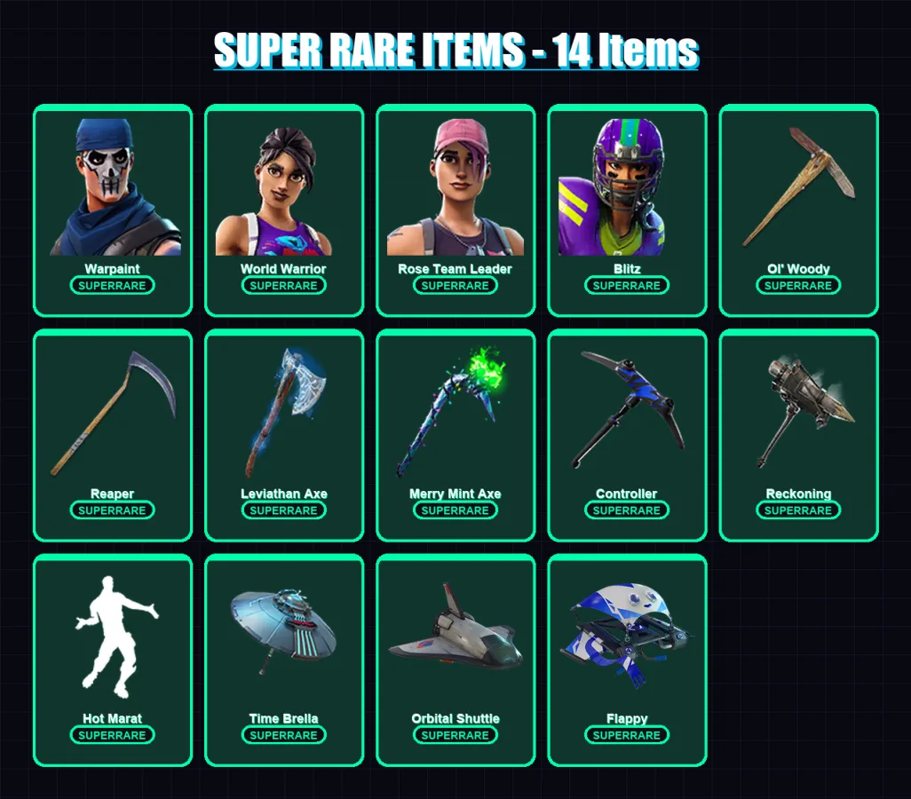 [PC/XBOX] | Warpaint | World Warrior | Rose Team Leader | Blitz | Dynamo Dancer | 231 skin | 282 pickaxe | 210 emote | 200 glider | Lv7181