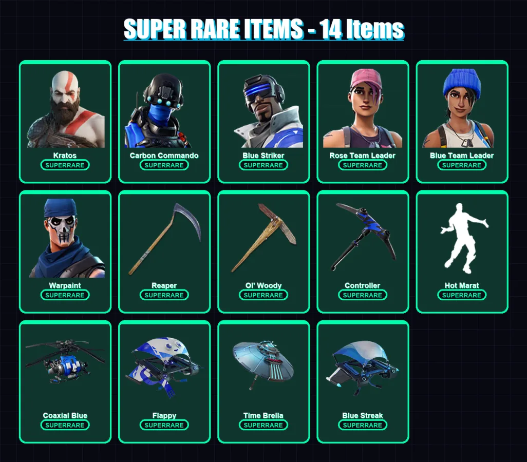 [PC/PSN] | Kratos | Carbon Commando | Blue Striker | Rose Team Leader | Blue Team Leader | 130 skin | 152 pickaxe | 115 emote | 123 glider | Lv1395 — Fortnite account