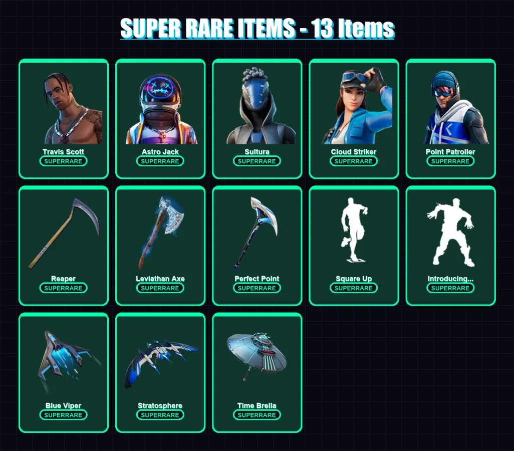 [PS4/PS5/XBOX/PC] | Travis Scott | Astro Jack | Sultura | Cloud Striker | Point Patroller | 100 skin | 126 pickaxe | 95 emote | 104 glider | Lv2136