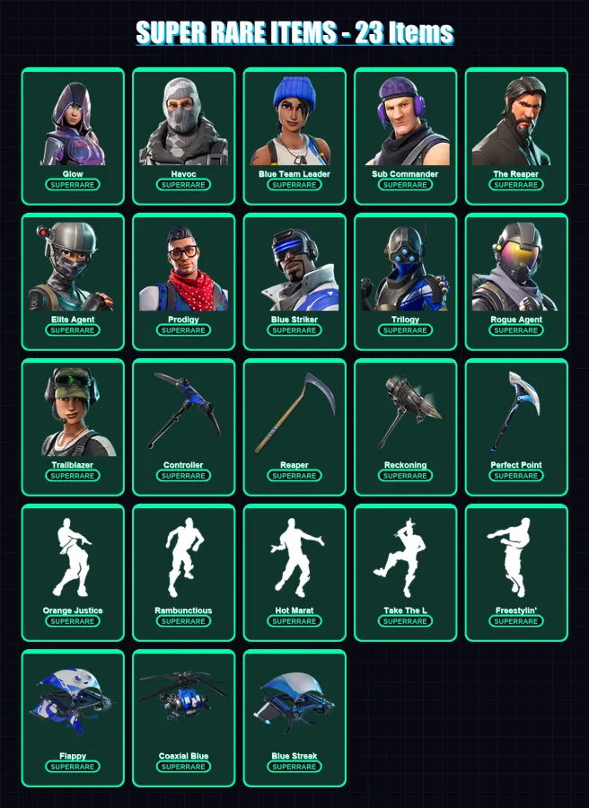 [PS4/PS5/XBOX/PC] | Glow | Havoc | Blue Team Leader | Sub Commander | The Reaper | 136 skin | 87 pickaxe | 132 emote | 85 glider | Lv957