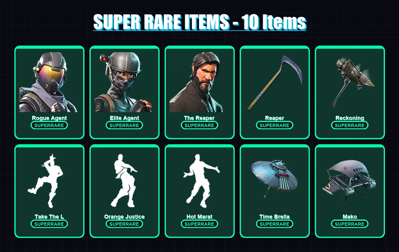 [PS4/PS5/PC] | Rogue Agent | Elite Agent | The Reaper | Carbide | Dire | 70 skin | 54 pickaxe | 70 emote | 62 glider | Lv1102