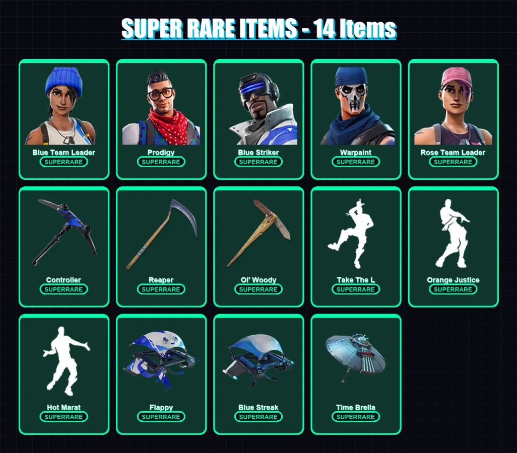 [PS4/PS5/XBOX/PC] | Blue Team Leader | Prodigy | Blue Striker | Warpaint | Rose Team Leader | 109 skin | 127 pickaxe | 145 emote | 120 glider | Lv18 — Fortnite account
