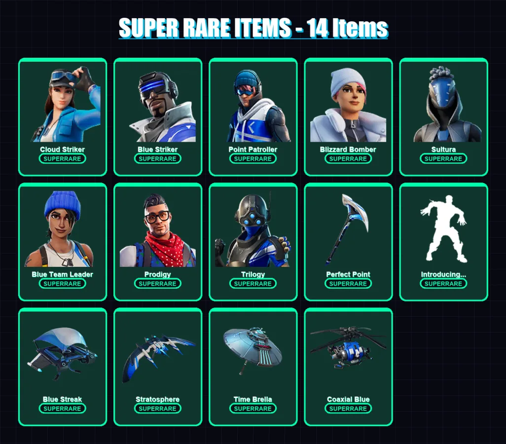 [PS4/PS5/XBOX/PC] | Cloud Striker | Blue Striker | Point Patroller | Blizzard Bomber | Sultura | 16 skin | 43 pickaxe | 30 emote | 36 glider | Lv766