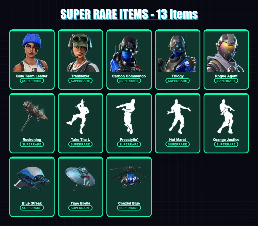 [PS4/PS5/XBOX/PC] | Blue Team Leader | Trailblazer | Carbon Commando | Trilogy | Rogue Agent | 82 skin | 90 pickaxe | 94 emote | 81 glider | Lv1078