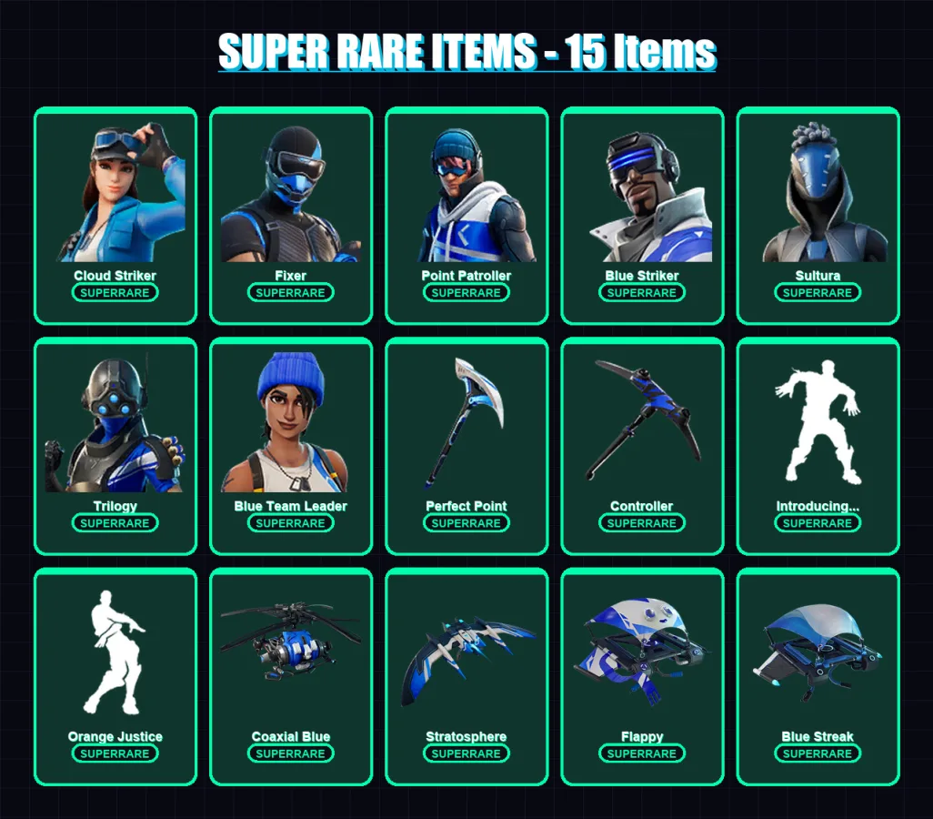 [PS4/PS5/XBOX/PC] | Cloud Striker | Fixer | Point Patroller | Blue Striker | Sultura | 69 skin | 60 pickaxe | 33 emote | 52 glider | Lv559