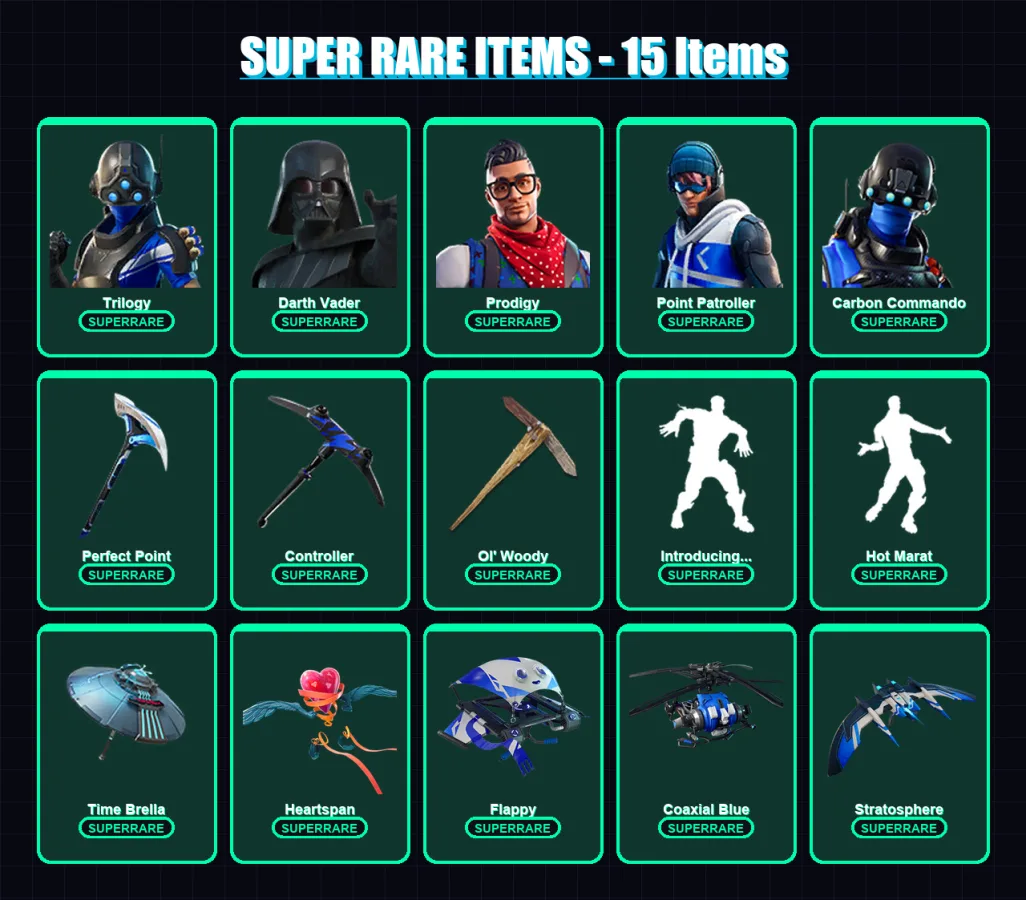 [PC/XBOX] | Trilogy | Darth Vader | Prodigy | Point Patroller | Carbon Commando | 161 skin | 152 pickaxe | 132 emote | 125 glider | Lv1548