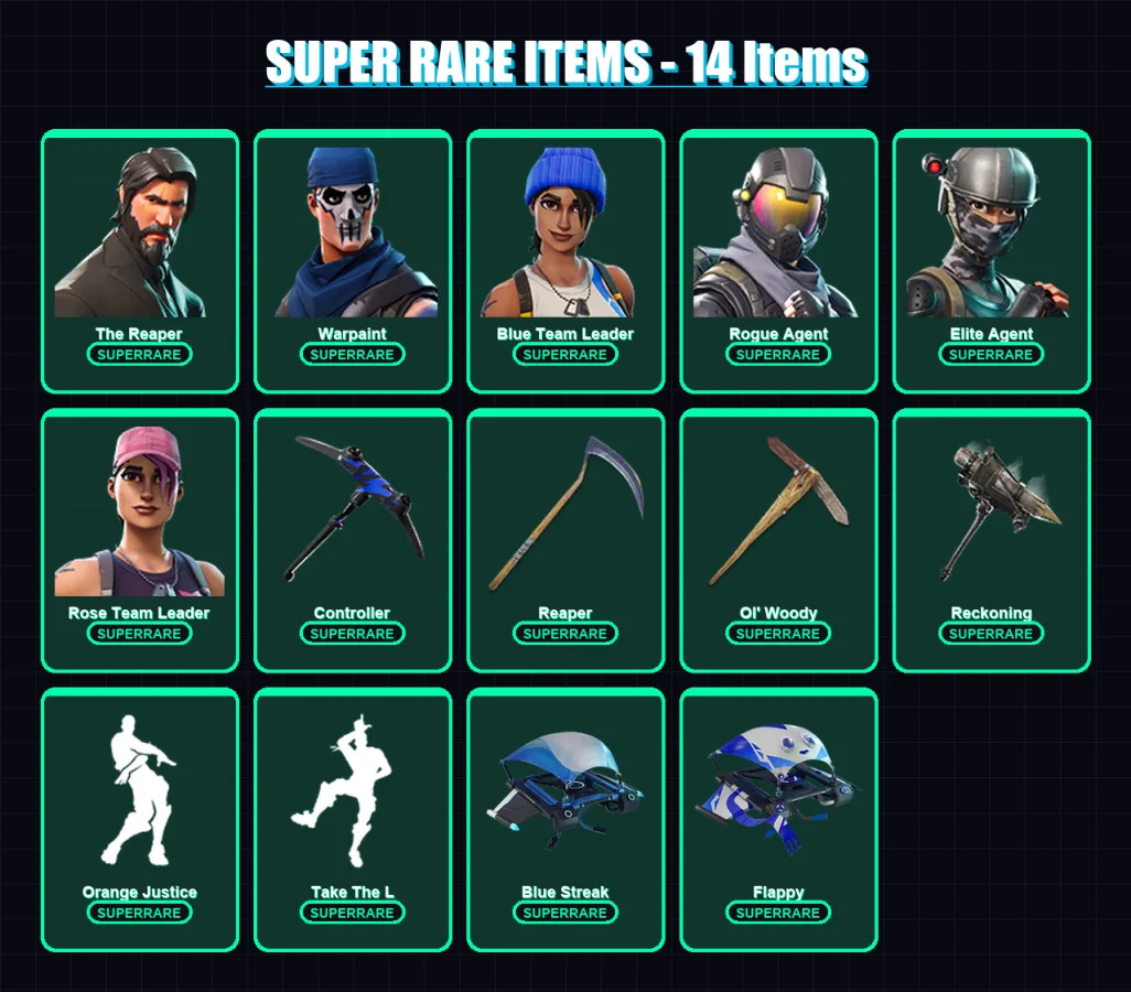 [PC/XBOX] | The Reaper | Warpaint | Blue Team Leader | Rogue Agent | Elite Agent | 87 skin | 59 pickaxe | 90 emote | 58 glider | Lv615