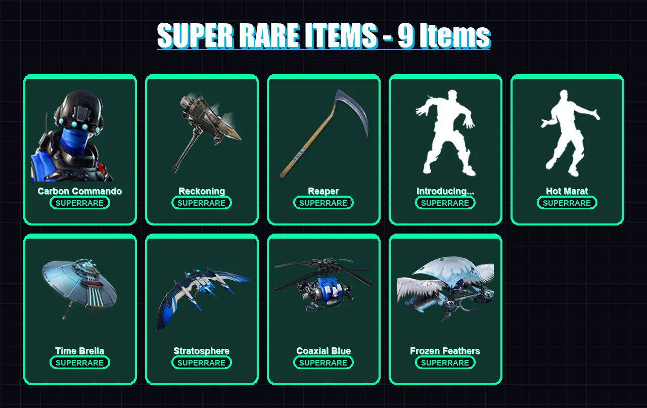 [PS4/PS5/XBOX/PC] | Carbon Commando | Hybrid | The Ice King | Zenith | Rox | 49 skin | 47 pickaxe | 57 emote | 53 glider | Lv659