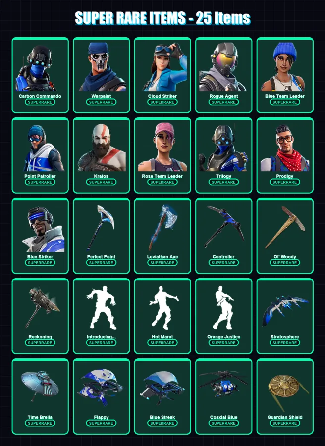 [PC] | Carbon Commando | Warpaint | Cloud Striker | Rogue Agent | Blue Team Leader | 179 skin | 180 pickaxe | 135 emote | 160 glider | Lv1841