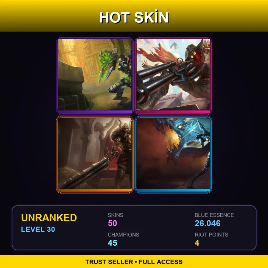 EUW | Hextech Singed | High Noon Jhin | Viking Tryndamere | Dragonslayer Vayne | 50 Skin | 45 Champ | Lv30