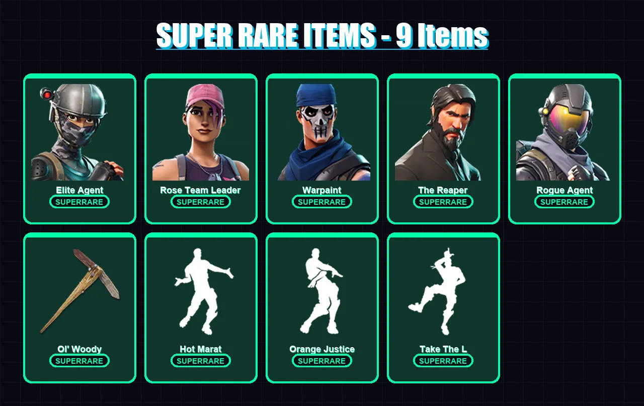 [PC/XBOX/PSN] | Elite Agent | Rose Team Leader | Warpaint | The Reaper | Rogue Agent | 106 skin | 121 pickaxe | 97 emote | 80 glider | Lv1096