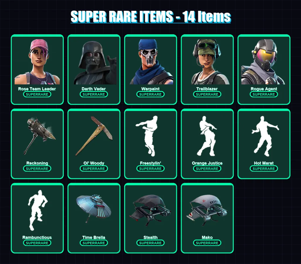 [PC/PSN] | Rose Team Leader | Darth Vader | Warpaint | Trailblazer | Rogue Agent | 100 skin | 71 pickaxe | 88 emote | 70 glider | Lv796