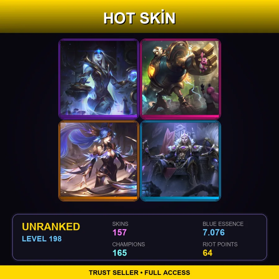 SG | Lv198 | Unranked | 157 Skin | 165 Champ — LoL account