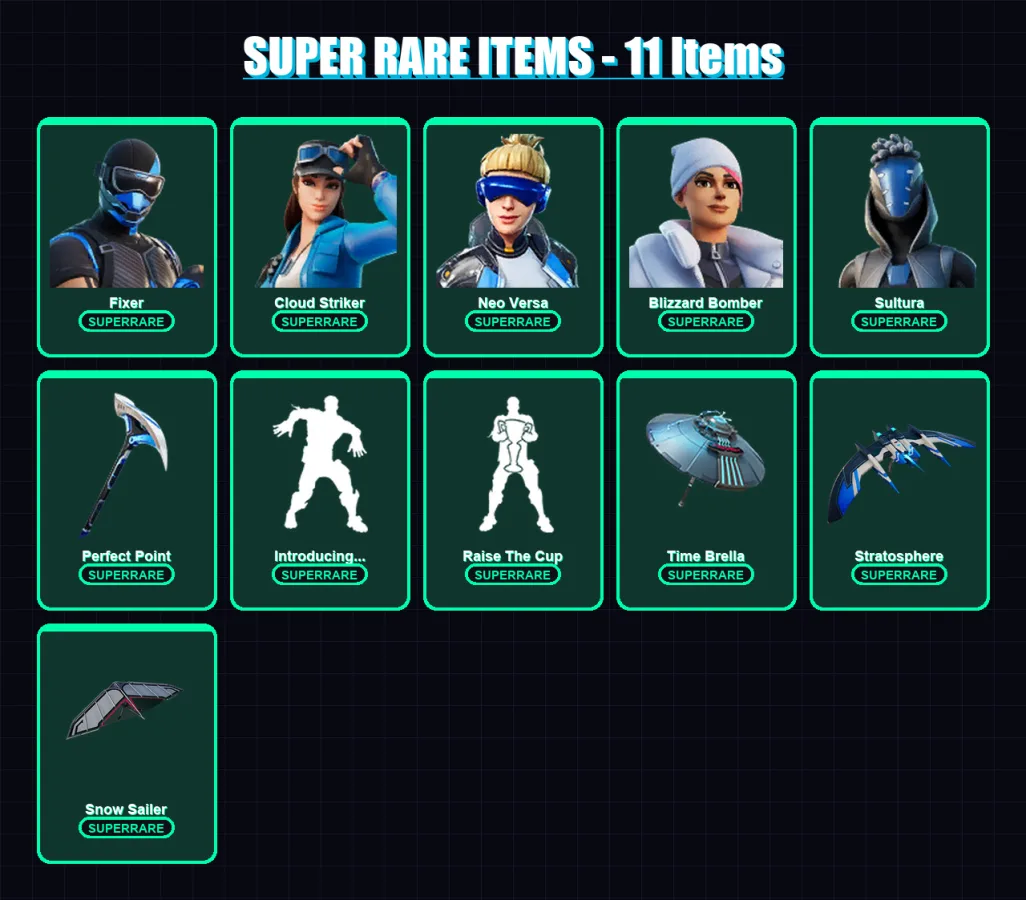 [PS4/PS5/XBOX/PC] | Fixer | Cloud Striker | Neo Versa | Blizzard Bomber | Sultura | 55 skin | 73 pickaxe | 78 emote | 67 glider | Lv909