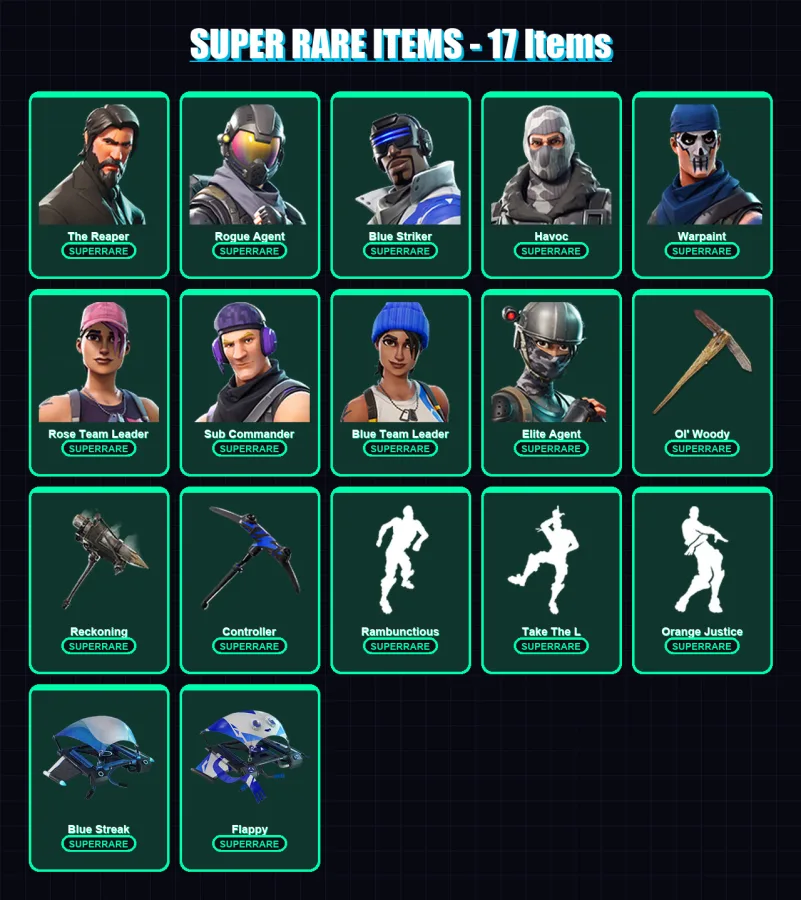 [PC/XBOX] | The Reaper | Rogue Agent | Blue Striker | Havoc | Warpaint | 72 skin | 42 pickaxe | 44 emote | 43 glider | Lv421